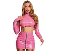 Linjinx Ropa interior para mujer, aspecto mojado, aspecto de piel, top recortado y falda corta, falda lápiz, festival, rave, pole dance, color rosa, XL