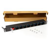 Link Regleta de rack LK10065 con 8 tomas universales/Schuko/tripolares, con interruptor y enchufe C14. Para rack 19" de metal resistente, 3,5 kW, medidas 48,5 x 4,5 x 4,5. Aletas reversibles.