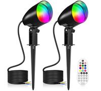 LINKE Focos de Jardín RGB 20W, 2 Pack Luces Led Cambia de Color con Estaca, Mando a Distancia, 10 Colores/30 Modos/6 Brillos, IP66 Impermeable, Luz de Paisaje para, Jardin, Patio, Césped