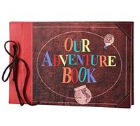 LINKEDWIN Nuestro libro de aventuras, our adventure book, cubierta de cuero con palabras convexas, álbum de álbum de recortes vintage temático, libro de visitas de boda, cartulina artesanal retro, 60 páginas