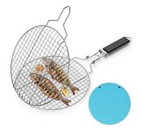 Linkidea Cesta para barbacoa portátil redonda, accesorio de acero inoxidable para pescado con asa extraíble y cierre seguro, ideal para cocinar al aire libre, verduras, pescado y camarones