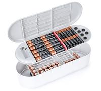 Linkidea Estuche de almacenamiento de batería con probador, organizador de batería portátil para 42 AA, 47 AAA, 19 baterías planas, caja de almacenamiento de batería de doble capa (gris y blanco)
