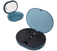 Linkidea Estuche de almacenamiento de doble capa con espejo, estuche de almacenamiento portátil con herramienta de extracción, cepillo, protector bucal para prótesis con cierre magnético (azul), Blue