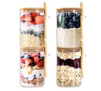 Linkidea Juego de 4 tarros minimalistas de avena para la noche, recipientes rectangulares de vidrio de 18.5 onzas con tapa y cuchara, recipientes aislados con aire para preparación de comidas para