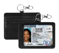 Linkidea Paquete de 2 soportes para tarjetas de identificación, cartera minimalista con protector de tarjetas de visita de 4 x 3 y llavero y lazo para cordón, tarjetero de cuero vegano con ranura para