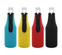 Linkidea Paquete de 4 enfriadores de vidrio para botellas de cerveza de 12 onzas, aislantes de neopreno grueso antideslizante, fundas para botellas de cerveza con cremallera (negro/azul/rojo/amarillo)