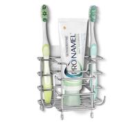 Linkidea - Soporte de pared para cepillos de dientes acero inoxidable para baño, para cepillos dientes eléctricos, pasta dientes, afeitadora, organizador pared/escritorio autoadhesivo con 3 ranuras