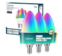 Linkind Bombilla Inteligente Matter E14 RGBTW tipo vela B38, 1800K-6500K, 16 millones de colores, regulable del 1 al 100%, compatible con Apple Home/Alexa/SmartThings/AiDot, 470 lm, 4,8 W, 3 unidades