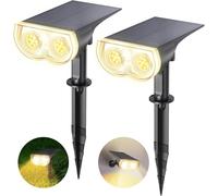 Linkind Luces Solares LED Exterior Jardin, Foco Solar con Sensor de Luz, Blanca Cálida 3000k 650lm, Lámpara Solar Impermeable IP67 para Iluminación de Caminos, Patio,Terreza y Camping (2 Piezas)