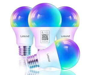 Linkind Matter Smart RGBTW Bombilla, WiFi LED E27, Bombilla Multicolor RGB/RGBTW 1800K-6500K, Compatible con Alexa Google Home, 9W equivalente a 60W, paquete de 4