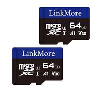 LinkMore - Tarjeta de 64 GB (paquete de 2 tarjetas) Micro SDXC, A1, UHS-I, U3, V30, Clase 10, adaptador SD incluido