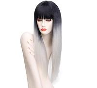 LINLINCD 26 pulgadas Anime Harajuku Lolita Negro Gris Ombre Peluca Larga Recta Mujer Pelucas Con Flequillo Pelo Sintético Resistente al Calor Gris