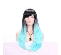 LINLINCD 28 pulgadas moda negro rubio degradado peluca con flequillo pelo sintético Anime Cosplay pelucas largas onduladas para mujeres resistente al calor azul cielo