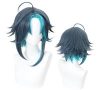 LINLINCD - Anime Coser Anime Anime Cosplay Peluca para Genshin Impact Xiao Pelo esponjoso con degradado azul Modelado Fiesta de disfraces Peluca de pelo sintético resistente al calor+gorro de peluca
