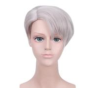 LINLINCD - Anime Coser Anime Anime Cosplay Peluca Yuri!!!on Ice Victor Nikiforov gris plateado corto pelo liso con tapa de peluca para Halloween, fiestas, carnaval, vida nocturna, conciertos