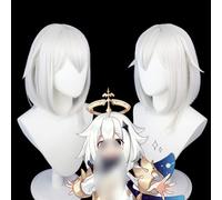 LINLINCD - Anime Coser Peluca de 35 cm Genshin Impact Anime Cosplay Paimon Peluca gris plata con gorro de peluca gratis para Halloween en