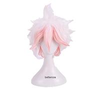 LINLINCD -Anime Coser pruik Dangan Ronpa Nagito Komaeda Cosplay Peluca de Color Corto Color Blanco Rosa Rizado Peluca de Pelo Sintético Resistente al Calor + Peluca Gorra