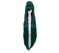 LINLINCD -Anime Coser Sailor Moon Sailor Pluto Meiou Setsuna Cosplay pelucas de 100 cm de largo verde oscuro resistente al calor peluca de pelo sintético+gorro de peluca+UN moño