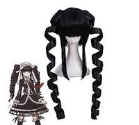 LINLINCD Anime Cosplay Peluca Anime Coser pruik Celestia Ludenberg Cosplay Peluca Negro Espiral Curl Largo Dangan Ronpa Celeste Pelo Artificial Anime Disfraz Peluca+Peluca Gorra