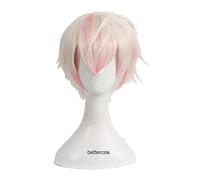 LINLINCD Anime Cosplay peluca Mystic Messenger Saeran Ray Cosplay peluca corta blanca mezcla rosa resistente al calor sintético peluca de pelo sintético+peluca gorra
