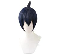 LINLINCD -Anime motosierra hombre Hayakawa AKI Cosplay peluca azul oscuro corto resistente al calor sintético pelo carnaval fiesta+peluca gorra