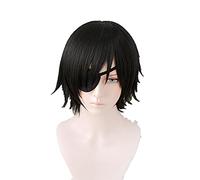 LINLINCD -Anime motosierra-hombre Himeno Cosplay peluca corta negro resistente al calor fibra pelucas de cabello+tapa de peluca+parche para los ojos
