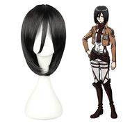 LINLINCD -Black corto Bobo pelo sintético ataque en titanio Mikasa Ackerman Cosplay pelucas completas para mujeres fiesta Halloween+peluca gorra