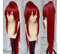 LINLINCD Cosplay peluca de 39 '' 100 cm de largo rojo vino Erza Scarlet resistente al calor pelo cola de caballo Anime Fairy Tail Cosplay Disfraz Peluca+peluca gratis