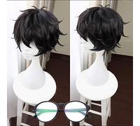 LINLINCD Cosplay peluca juego Persona 5 P5 héroe Kurusu Akira corto negro peluca resistente al calor pelo Cosplay pelucas de disfraces+peluca libre tapa peluca y gafas