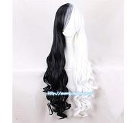 LINLINCD Cosplay peluca nueva 101 Dálmata Cruella Devil Cosplay peluca 75cm medio negro y blanco largo ondulado sintético pelucas sintéticas+casquillo de la peluca