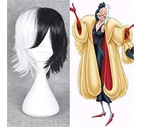 LINLINCD Cosplay wig 101 Dálmata Cruella Devil Cosplay Peluca 32 cm Semi-Blanco Negro Suave Capa Corta Sintética Pelucas Sintéticas + Gorro de Peluca