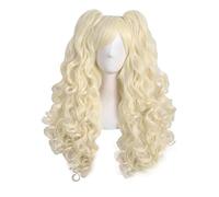 LINLINCD Cosplay wig 20 colores largo rizado flequillo peluca Lolita base peluca doble trenza de pelo, negro, azul, rosa, rojo dorado púrpura Cosplay básico pelo sintético luz dorada