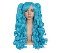 LINLINCD Cosplay wig 20 colores largo y rizado cola de caballo peluca Lolita Base Peluca Twin Pigtails Negro Azul Rosa Rojo Dorado Lila Cosplay Basic Sintético Pelo Azul