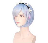 LINLINCD Cosplay wig 35CM Ram Rem Cosplay pelucas corto resistente al calor Bob pelo Re Zero Kara Hajimeru Isekai Seikatsu con joyas azul