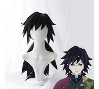 LINLINCD Cosplay wig Anime Demonios Killer Kimetsu No Yaiba Cosplay Peluca Disfraz Tomioka Giyuu Halloween Anime Pelo Sintético Corto Pelucas de Pelo Grande + Gorro
