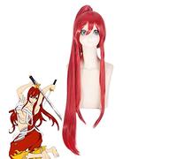 LINLINCD Cosplay wig Anime Fairy Tail Erza Escarlata Cosplay Peluca Larga Pelo Sintético Rojo Profundo para Halloween Disfraz Pelucas+1 Cola de Caballo+Gorro de Peluca