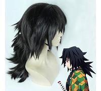 LINLINCD Cosplay wig Demonentöter Kimetsu no Yaiba Tomioka Giyuu Naturaleza Negro Resistente al Calor Cosplay Disfraz Pelucas+Gorro de Peluca