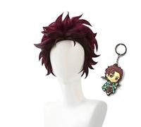 LINLINCD Cosplay wig Demonio Killer: Kimetsu no Yaiba Kamado Tanjirou Corto Castaño 28 cm resistente al calor Cosplay Cosplay peluca peluca con llavero