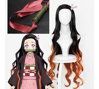 LINLINCD Cosplay wig demonios asesino Kimetsu no Yaiba Kamado Nezuko Cosplay peluca resistente al calor sintético pelucas de pelo sintético+gorro de peluca+accesorios de bambú sello peluca y palo 2