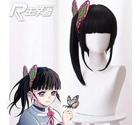 LINLINCD Cosplay wig demonios asesino Kimetsu no Yaiba Kanawo Tsuyuri Kanao Cabello resistente al calor Cosplay Disfraz Pelucas+mariposa Horquilla 30 cm peluca y mariposa