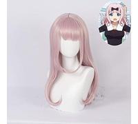 LINLINCD Cosplay wig Fujiwara Chika 55cm rosa largo rizado peluca Anime Kaguya-sama: el amor es la guerra resistente al calor pelo Cosplay pelucas de disfraz+peluca gorra rosa