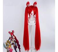 LINLINCD Cosplay wig juego LOL League of Legends Jinx Chica Mágica Rojo Cosplay Pelucas Larga Recta Doble Cola de Caballo Peluca Sintética Pelucas con Orejas 331C