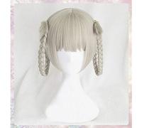 LINLINCD Cosplay wig Kakegurui Momobami Kirari Pelo corto verde gris resistente al calor Cosplay peluca de disfraces+pelo trenzado+cinta de seda+peluca de peluca y banda negra