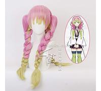 LINLINCD Cosplay wig Kanroji Mitsuri Anime Demonio Killer: Kimetsu No Yaiba Mujeres Cosplay Peluca Verde Rosa Pelo Colorido Trenzas Cabello+Gorra de Peluca Gratis