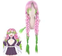 LINLINCD Cosplay wig Kanroji Mitsuri Cosplay peluca Anime Demonio Killer: Kimetsu No Yaiba Mujeres Verde Rosa Pelo Colorido Trenzas Cabello+Peluca Gratis Gorra 594