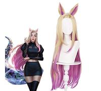 LINLINCD Cosplay wig Kda Baddest Ahri Cosplay Pelucas Juego Lol Cosplay Rubio Mixed Rosa Pelucas con orejas Cabello sintético resistente al calor Baddest Ahri