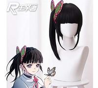 LINLINCD Cosplay wig Kimetsu no Yaiba Demonios Killer Kanawo Tsuyuri Kanao Cabello Resistente al Calor Cosplay Disfraz Pelucas+Horquilla de Mariposa 30 cm Peluca y Mariposa