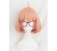 LINLINCD Cosplay wig Kyokai no Kanata Kuriyama Mirai Cosplay peluca corta naranja rosa resistente al calor sintético pelucas de pelo sintético+gafas rojas+gorro peluca una sin cristal una gorra