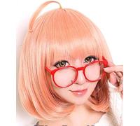 LINLINCD Cosplay wig Kyokai no Kanata Kuriyama Mirai Peluca de pelo sintético corto naranja rosa Cosplay con gafas rojas + peluca con gafas