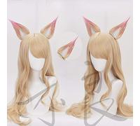 LINLINCD Cosplay wig LOL KDA Ahri Cosplay peluca larga recta rubia ondulada resistente al calor sintético pelucas de pelo sintético+dos orejas+casquillo de peluca
